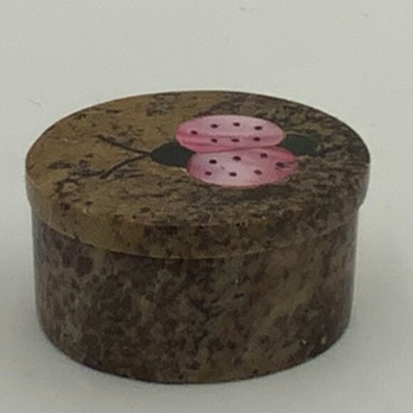 Vintage Soapstone Trinket Box With Lid and Mother Of Pearl Pink Ladybug Inlay - Picture 4 of 6